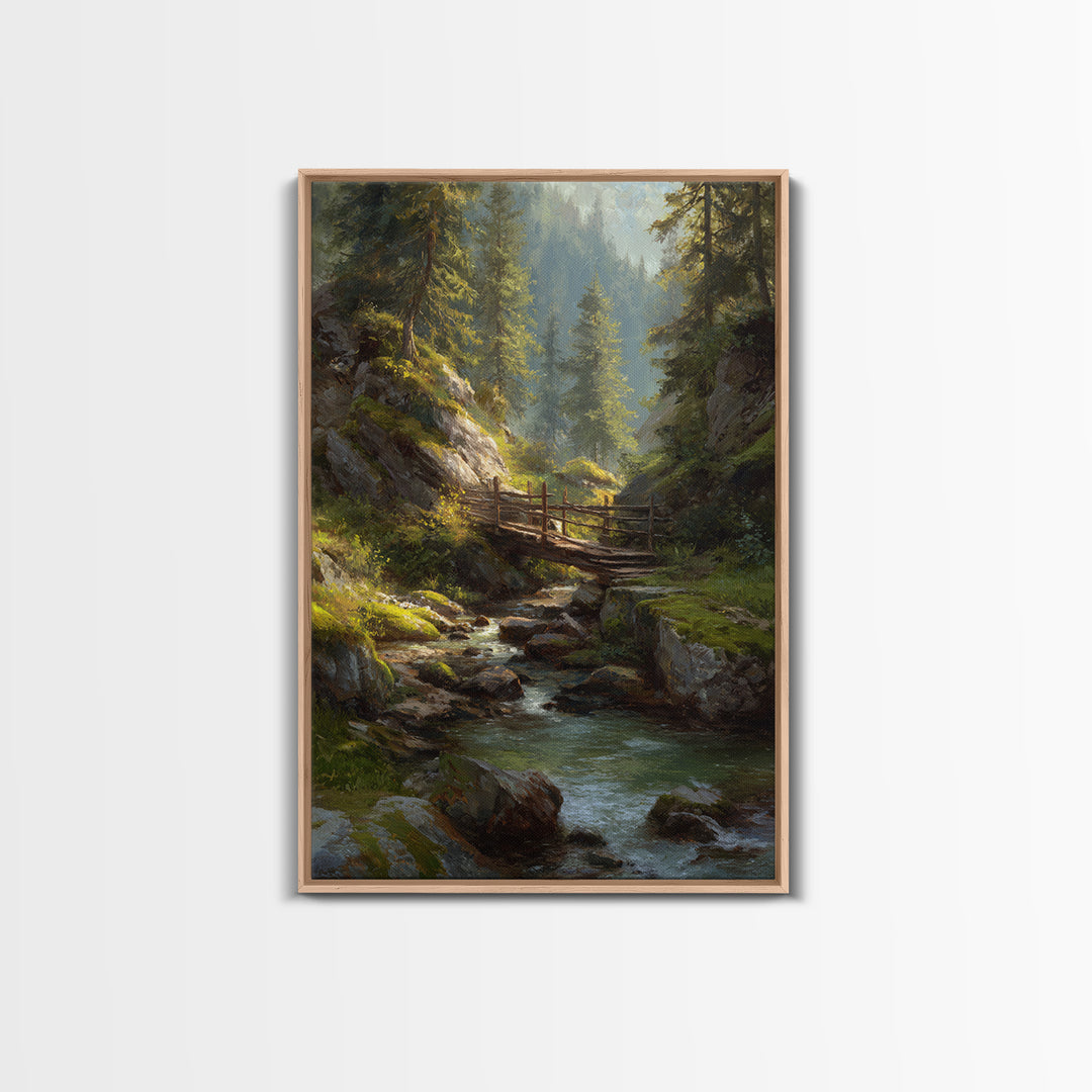 Peaceful Forest Stream Landscape Oil Painting With Bridge And Sunlight Fine Art Print Wall Art