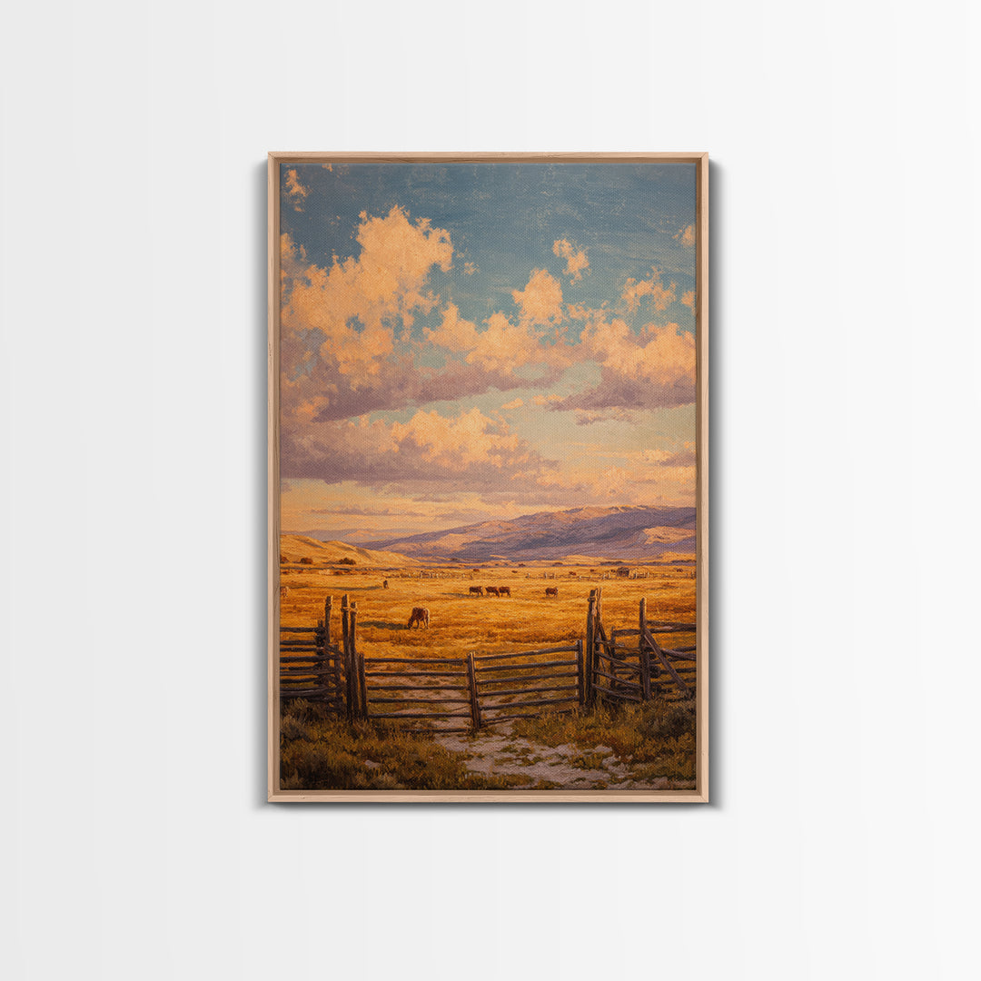 Classic Rural Landscape Oil Painting Rustic Farmhouse Scene With Fence And Cows Large Wall Art Framed Canvas Print