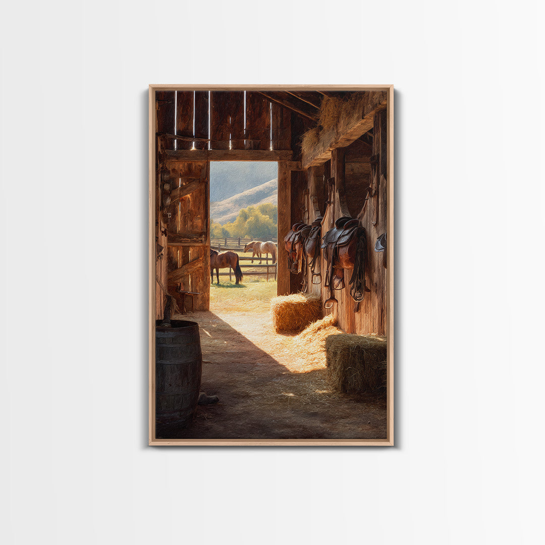 Warm Countryside Barn Interior With Horses Rustic Wall Art Framed Canvas Print Cozy Farmhouse Home Decor