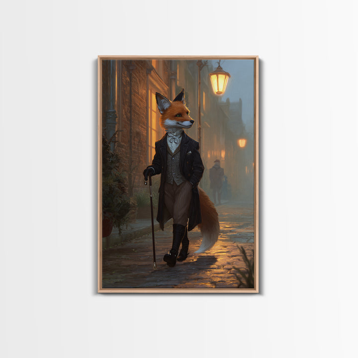 Victorian Fox Strolling Gaslit Street Wall Art, Dapper Animal Portrait, Dark Academia Decor, Whimsical Living Room Print