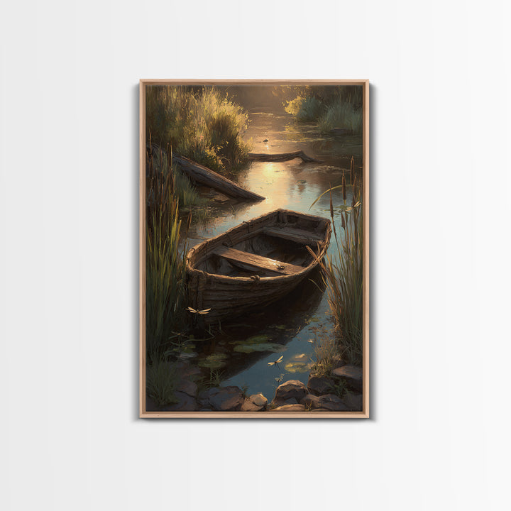 Serene Landscape Oil Painting Of Old Wooden Boat On Calm Water With Dragonflies Wall Art Framed Canvas Print