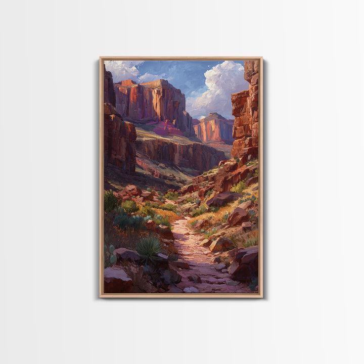 Grand Canyon Landscape Oil Painting Portrait Of Canyon Rocks Blue Sky And Path Trail Large Wall Art For Living Room Decor