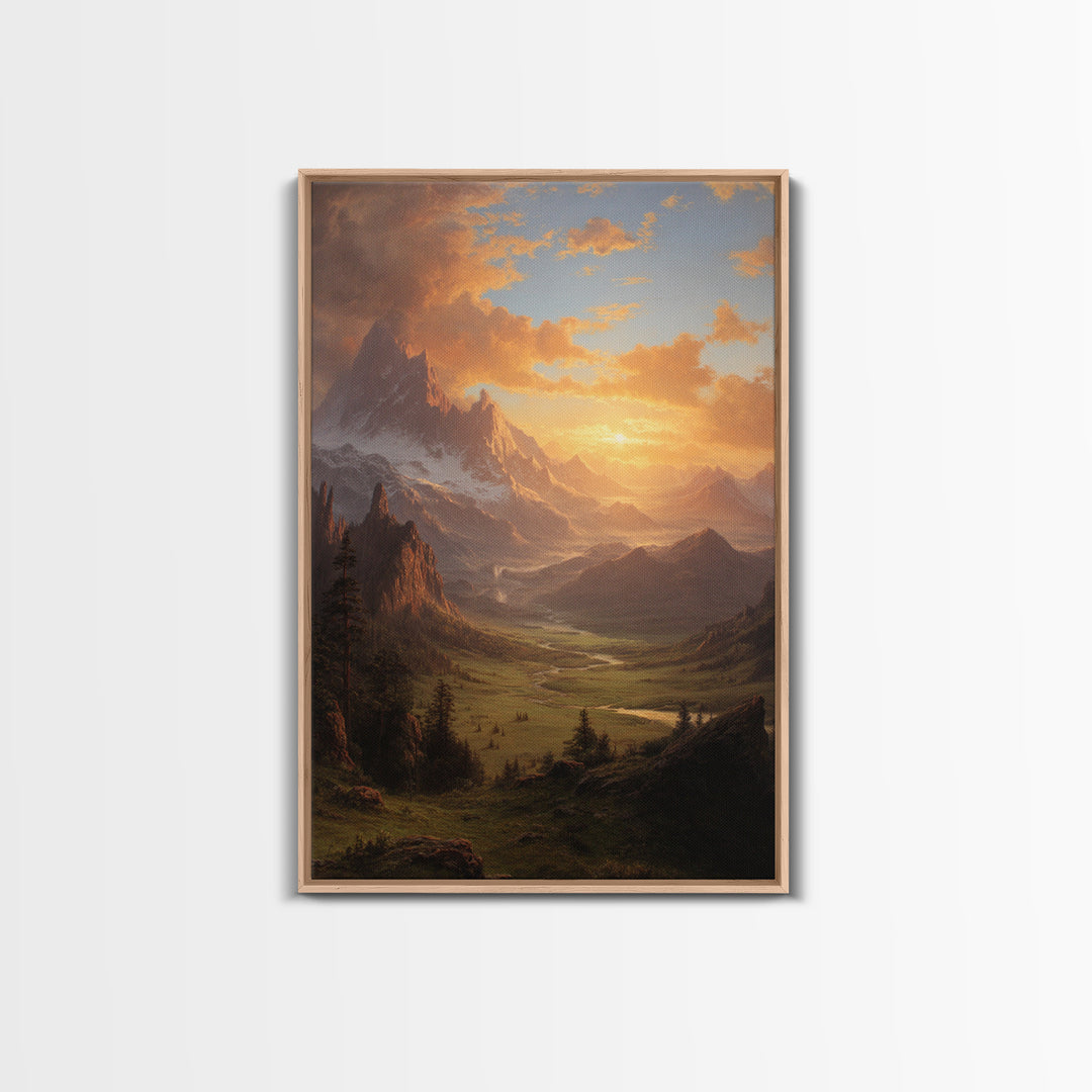 Romantic Mountain Valley Landscape Painting At Sunset Wall Art Print For Living Room Decor Framed Canvas Print Nature Home Decor