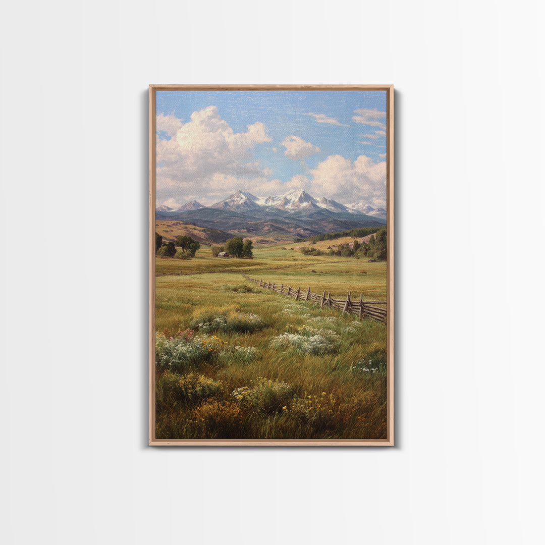 Classic Mountain Landscape With Meadow And River Oil Painting Wall Art Canvas Print For Traditional Rustic Living Room Decor