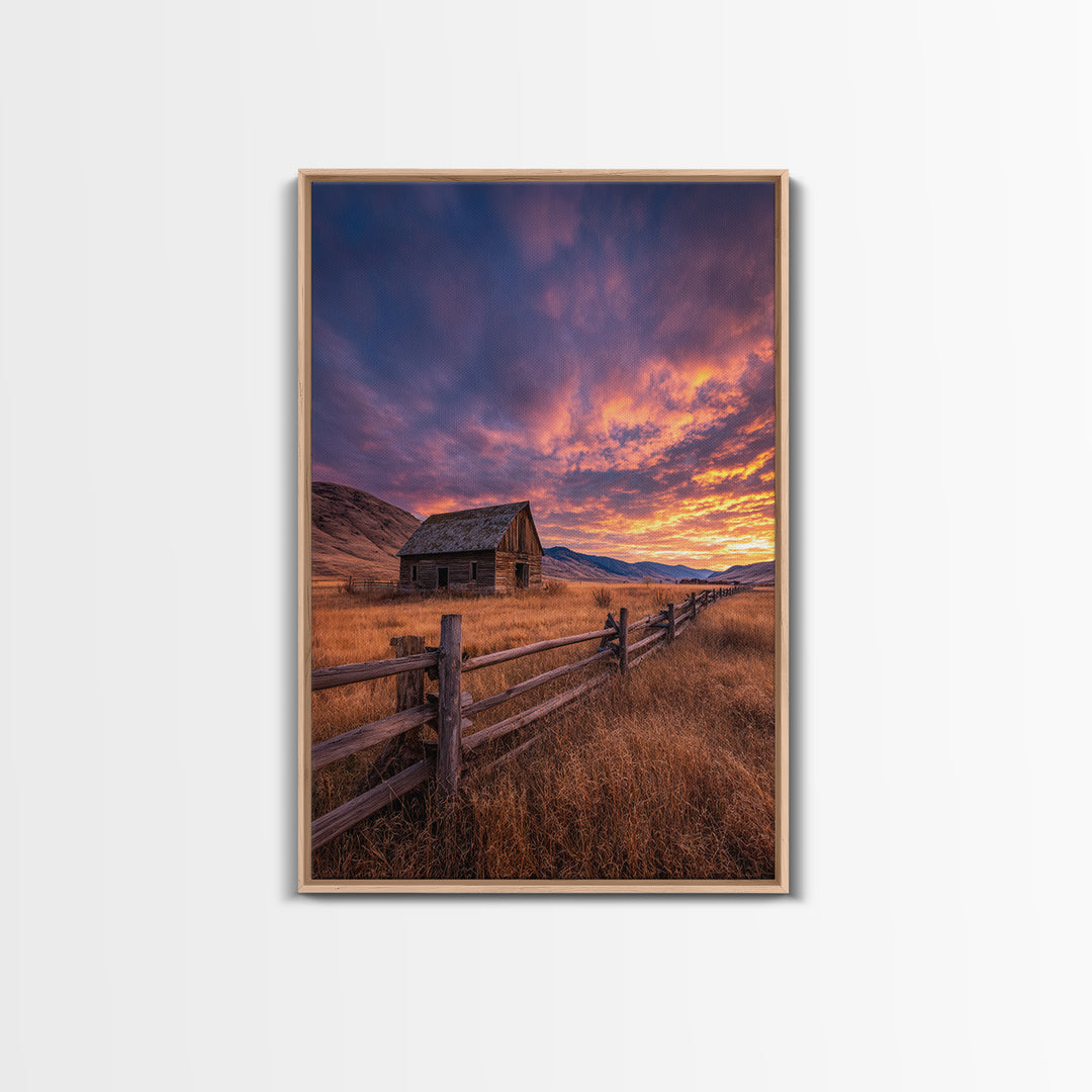 Tranquil Mountain Cabin And Boat By Lake Landscape Oil Painting - Framed Canvas Print Rustic Wall Art For Home Decor