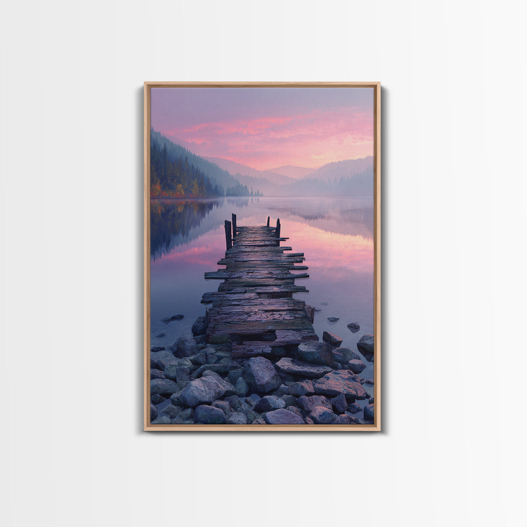 Peaceful Lakeside Dock Sunset Landscape Wall Art Canvas Print Serene Nature Wall Decor