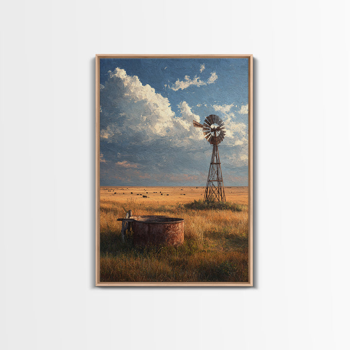 Rustic Windmill Landscape With Golden Fields Under Cloudy Sky - Large Wall Art Canvas Print Rustic Home Decor