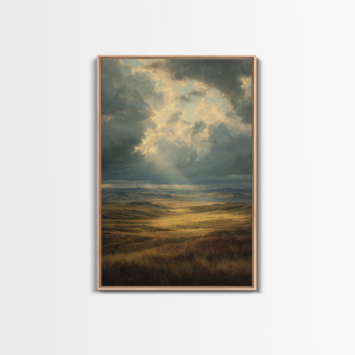 Magnificent Sunbeam Over Vast Meadow Landscape Painting Wall Art Large Canvas Print For Rustic And Farmhouse Decor