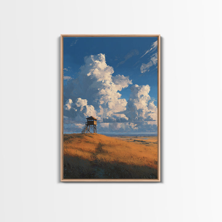 Blue Sky With Clouds Over Rustic Watchtower In Field Landscape Wall Art Original Canvas Print