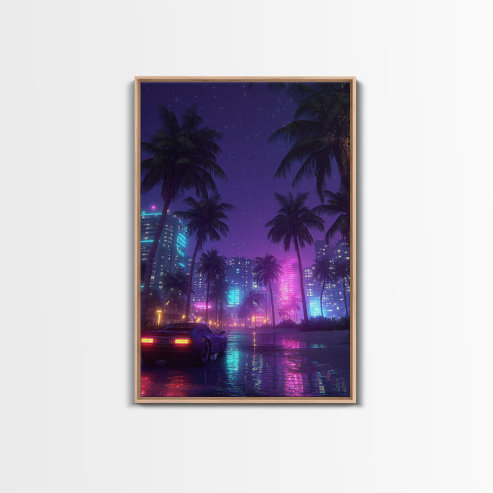 Neon Cityscape With Palm Trees And Retro Sports Car Large Wall Art Framed Canvas Print Vibrant Modern Home Decor