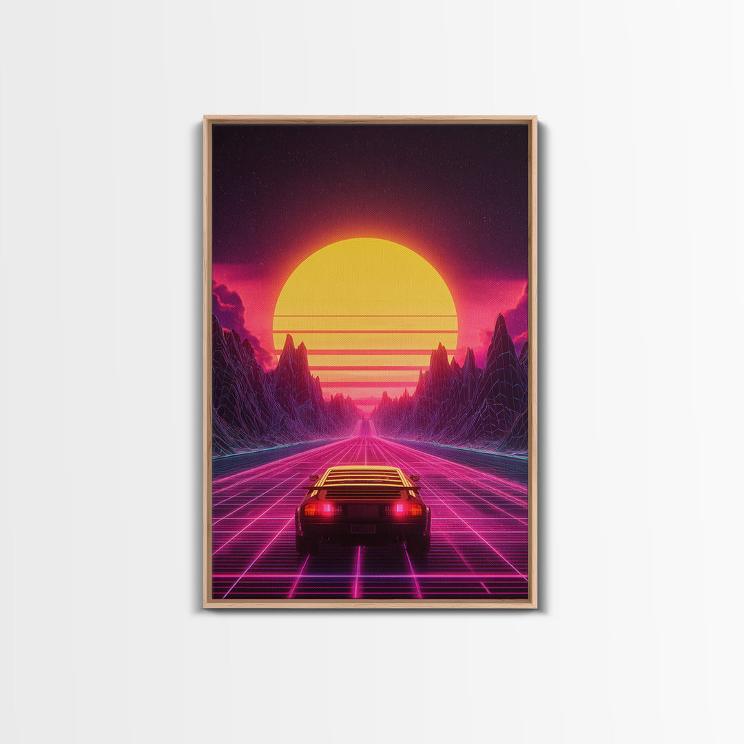 Retro Futuristic Neon Sunset Landscape With Car Driving On Road Wall Art Canvas Print Modern Home Decor For Living Room