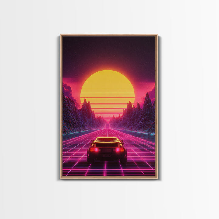 Retro Futuristic Neon Sunset Landscape With Car Driving On Road Wall Art Canvas Print Modern Home Decor For Living Room