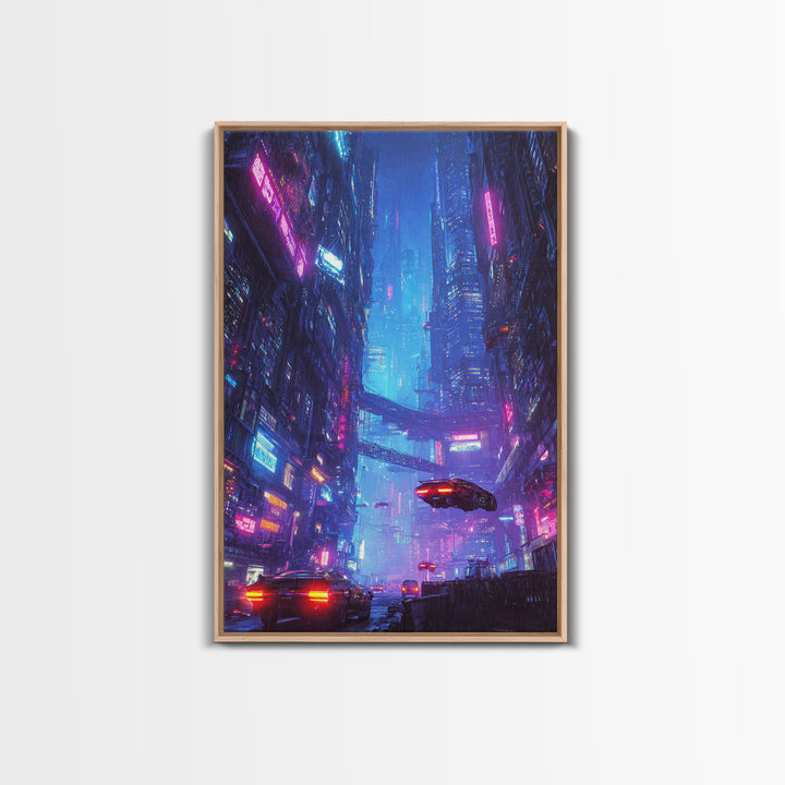 Cyberpunk Cityscape Night Scene Neon Lights Digital Wall Art Framed Canvas Print for Modern Home Decor