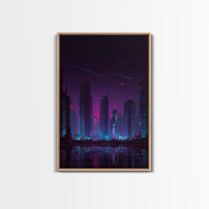 Cyberpunk Neon Cityscape Night Scene With Reflective Water And Shooting Stars Modern Wall Art For Office And Living Room Canvas Print