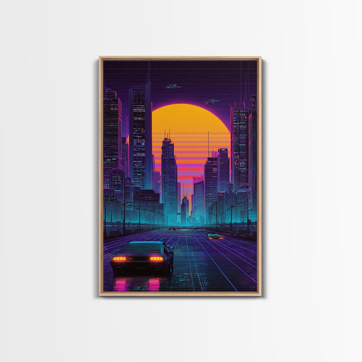 Futuristic Cityscape Digital Artwork With Neon Lights And Retro Sunset Beautiful Contemporary Wall Art Print For Office Decor