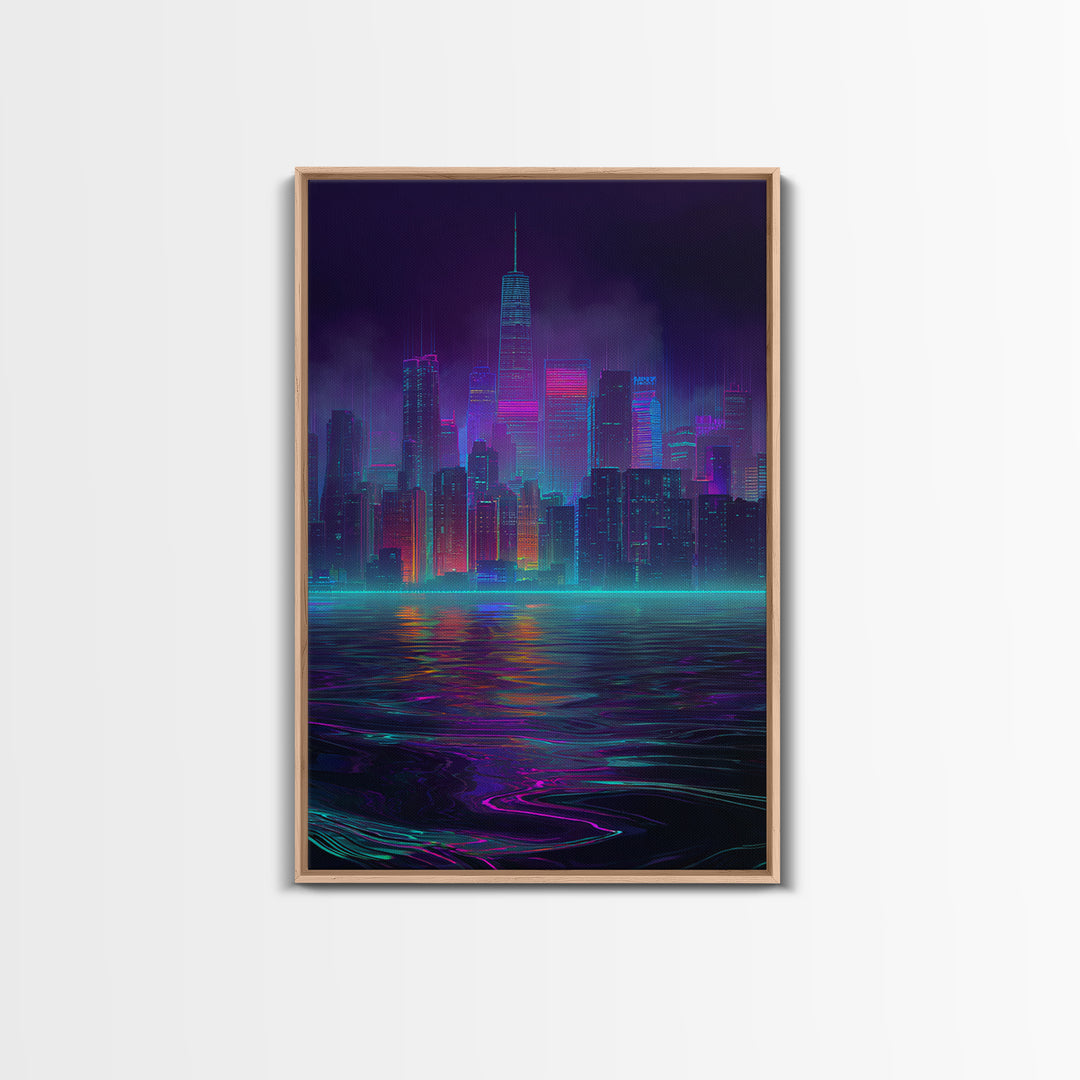 Neon Cyberpunk Cityscape With Reflections Futuristic Digital Wall Art Framed Canvas Print