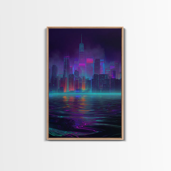 Neon Cyberpunk Cityscape With Reflections Futuristic Digital Wall Art Framed Canvas Print