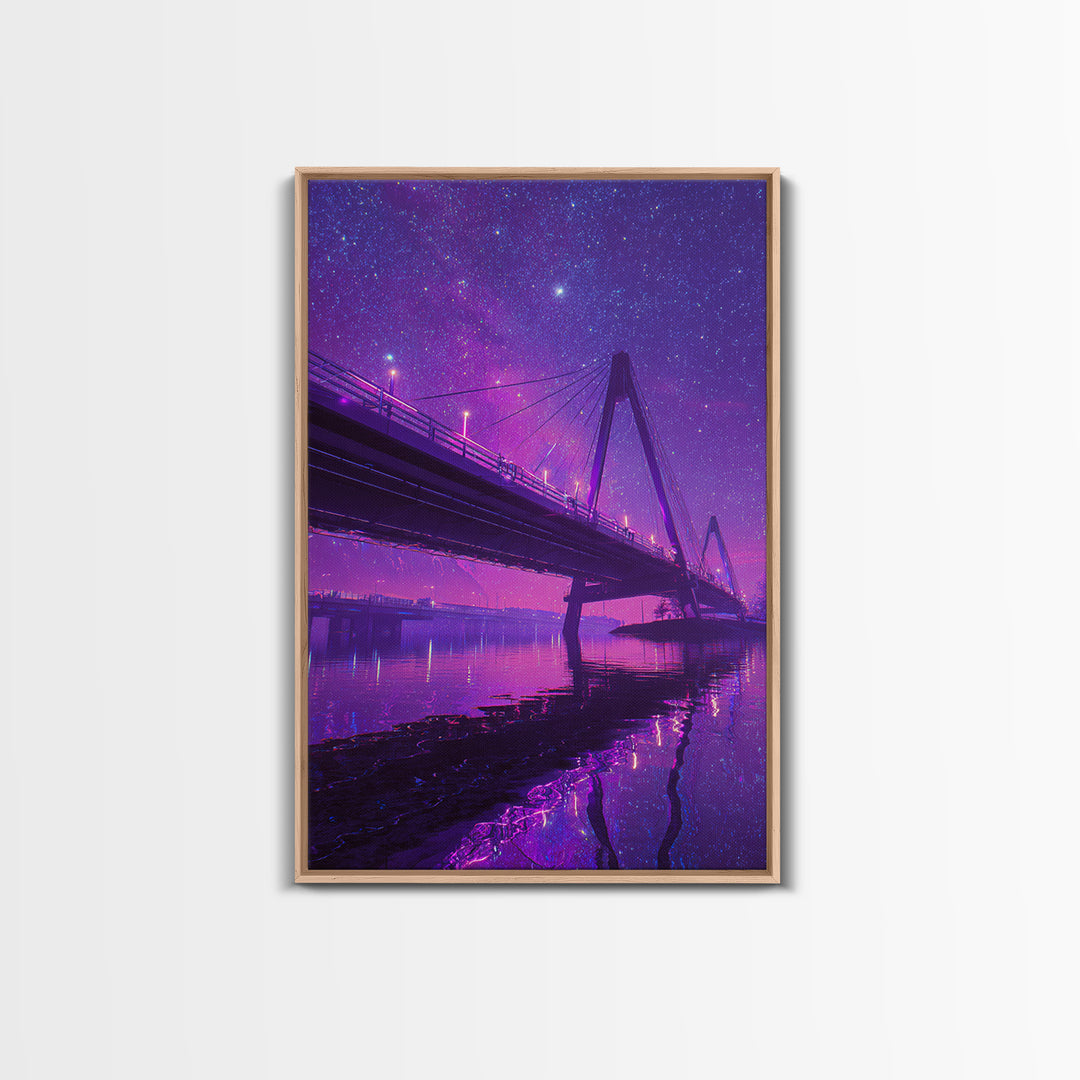 Digital 80s Style Neon Mountain Landscape With Purple Glowing River Wall Art Framed Canvas Print For Retro Modern Home Decor