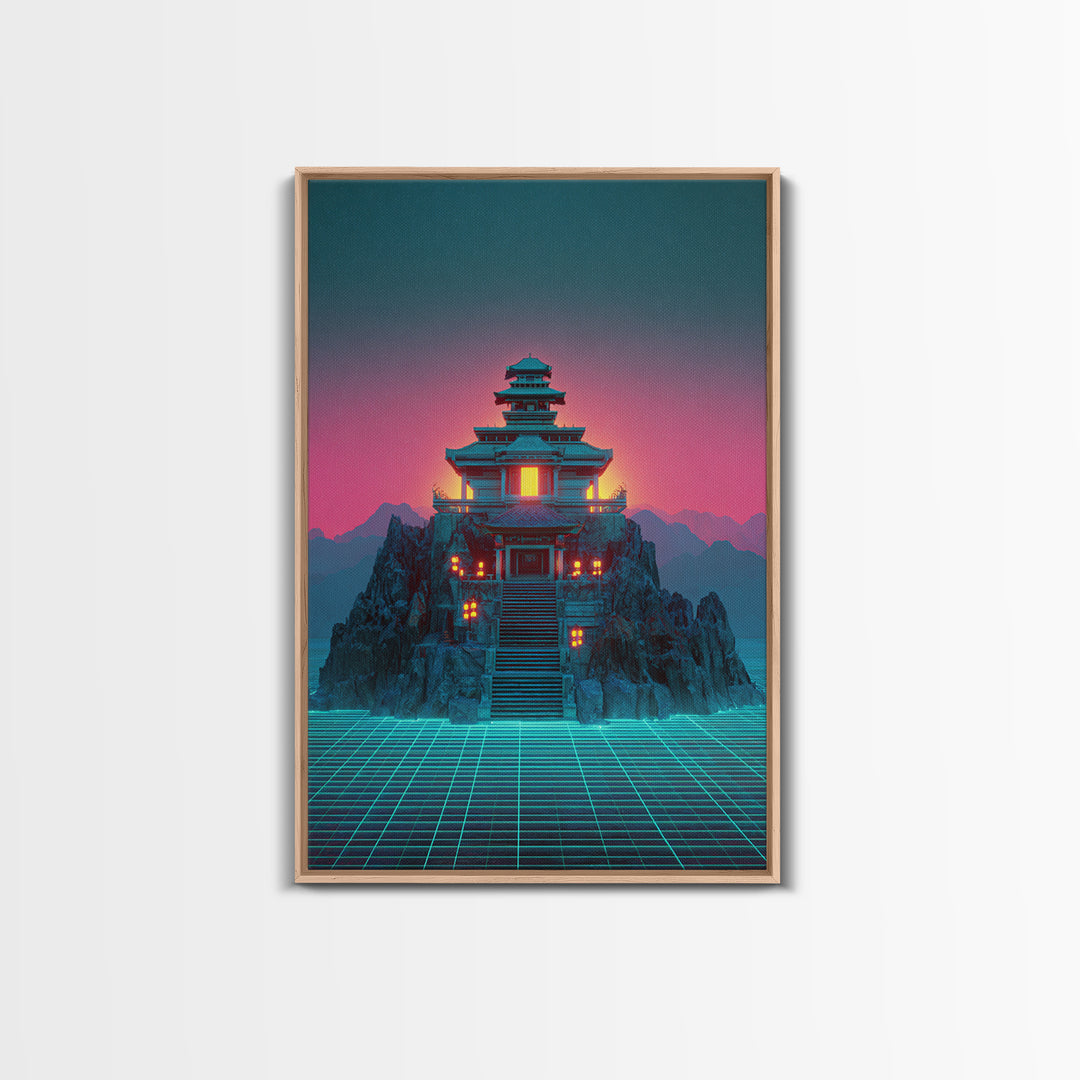 Futuristic Cyberpunk Japanese Temple Digital Artwork Wall Art Vibrant Canvas Print Perfect For Modern Home Decor