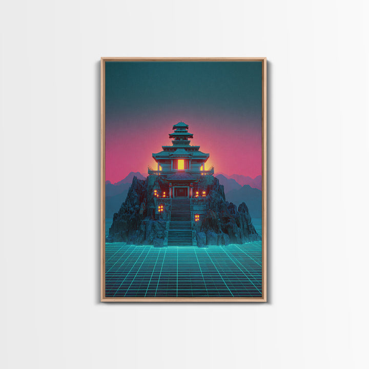 Futuristic Cyberpunk Japanese Temple Digital Artwork Wall Art Vibrant Canvas Print Perfect For Modern Home Decor