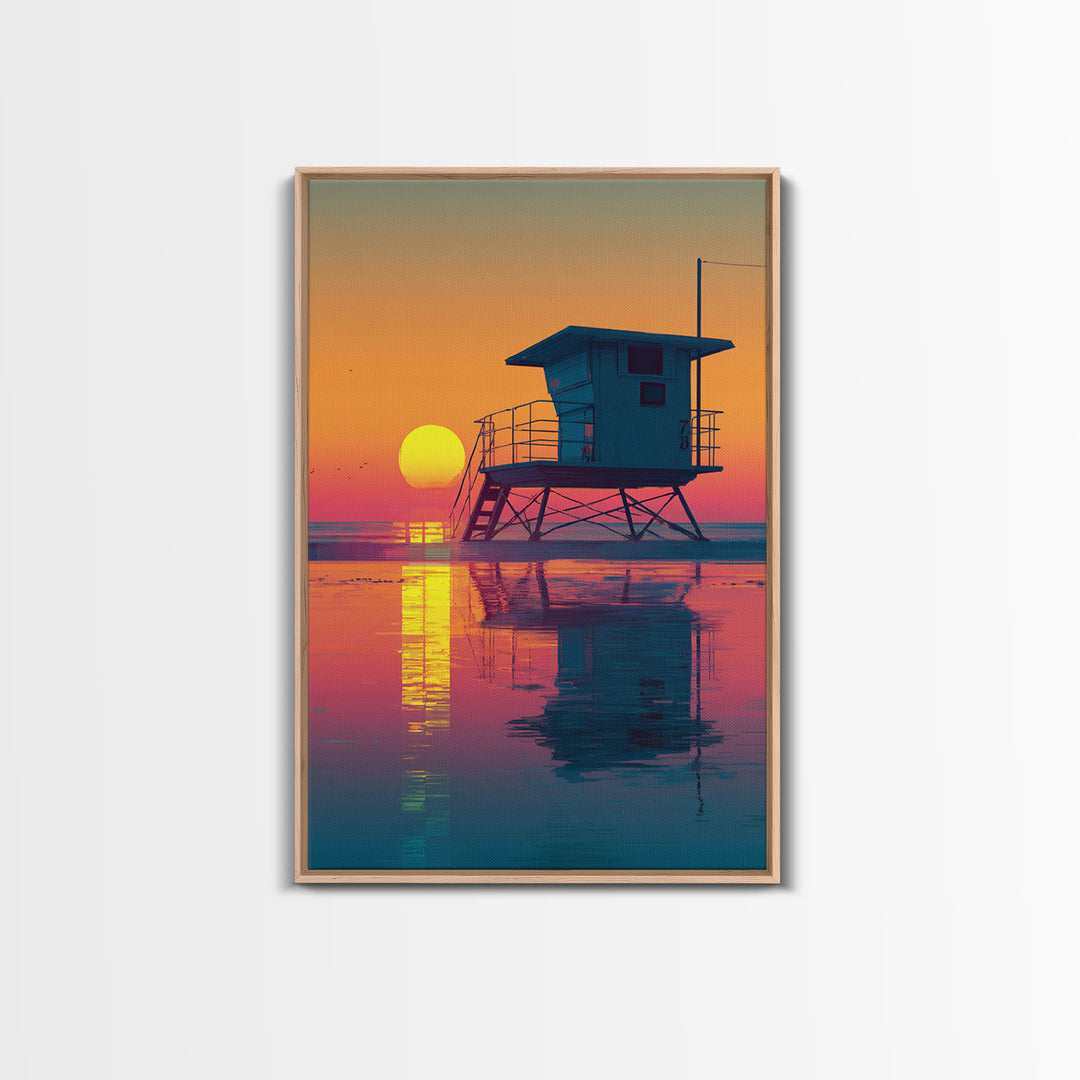 Sunset Beach Scene With Lifeguard Tower Reflecting On Water Modern Wall Art Digital Canvas Print