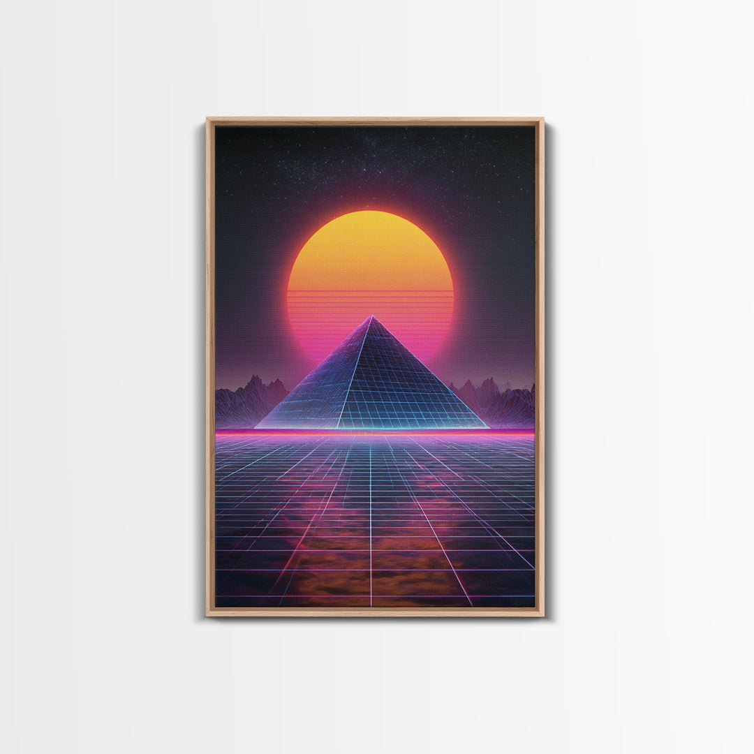 Retro Futuristic Neon Pyramid Digital Artwork Wall Art Framed Canvas Print For Sci Fi Bedroom Decor Modern Tech Art Gift