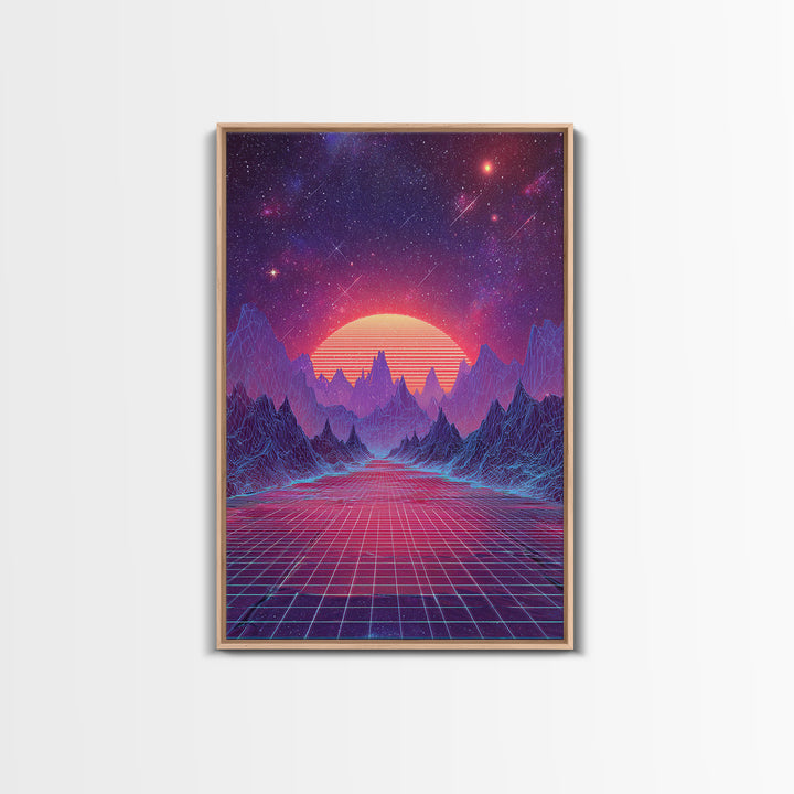 Surreal Futuristic Mountain Sunset Digital Canvas Print, Neon Grid Landscape Wall Art, Sci-Fi Inspired Modern Decor