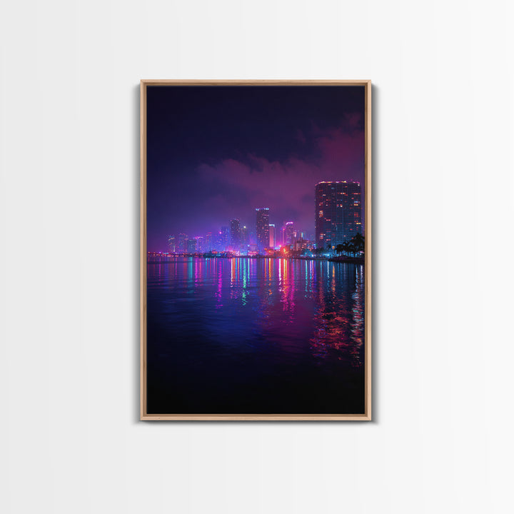 Miami City Lights Neon Reflection At Night Urban Wall Art Modern Canvas Print For Office Decor And Living Room