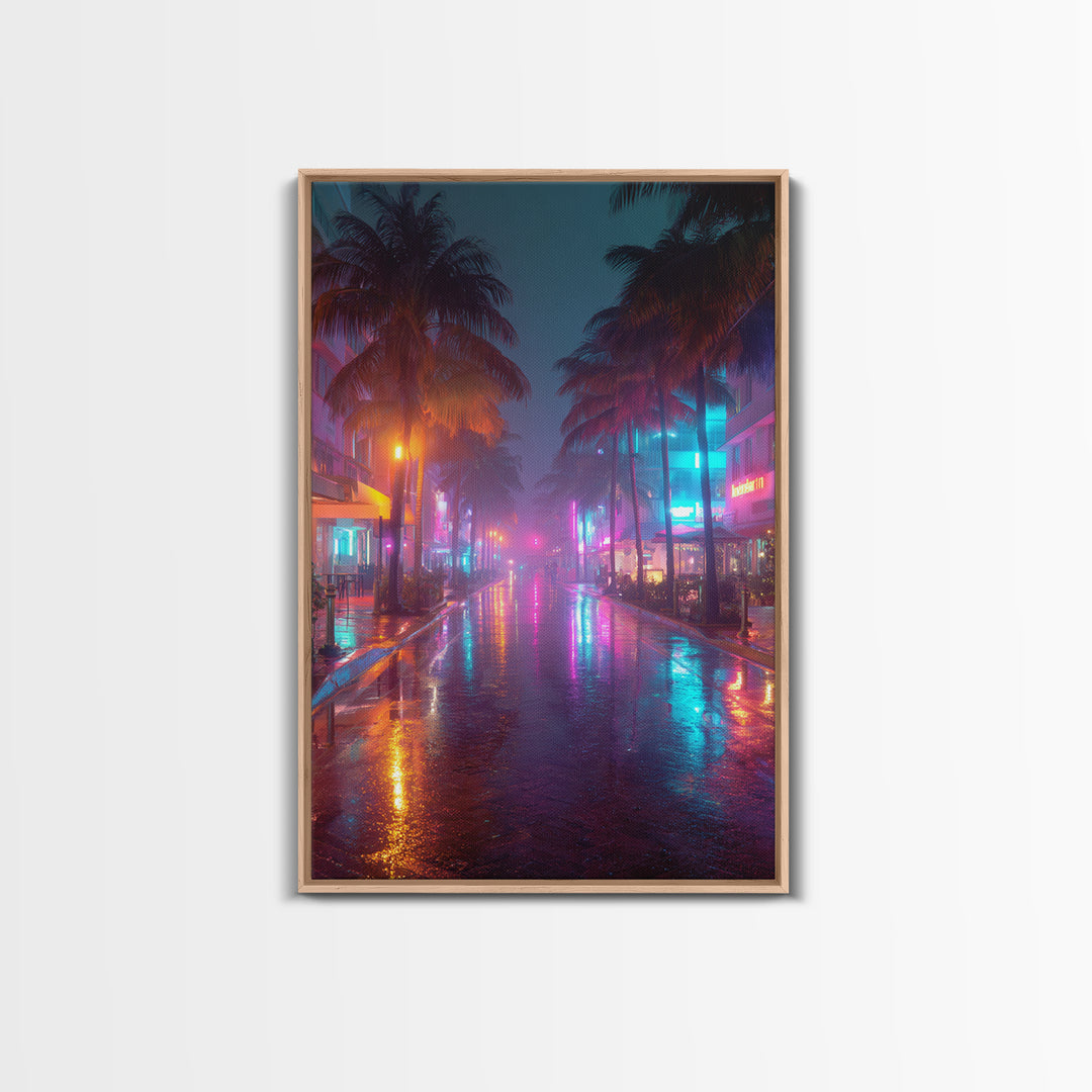 Wet Neon City Street At Night Rainfall Reflection Wall Art Modern Canvas Print For Bedroom And Living Room Decor