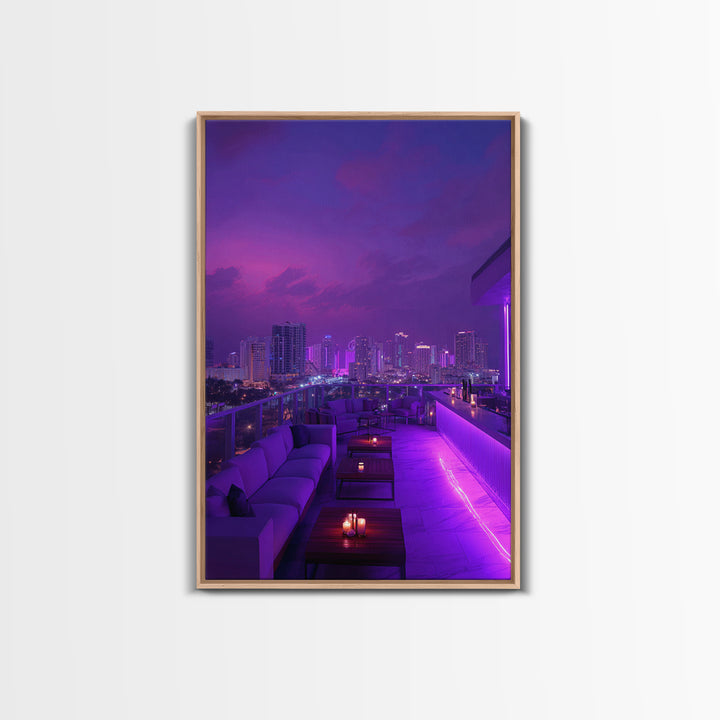 Modern City Nightscape With Vibrant Purple Neon Lights Wall Art Canvas Print Trendy Home Décor For Living Room