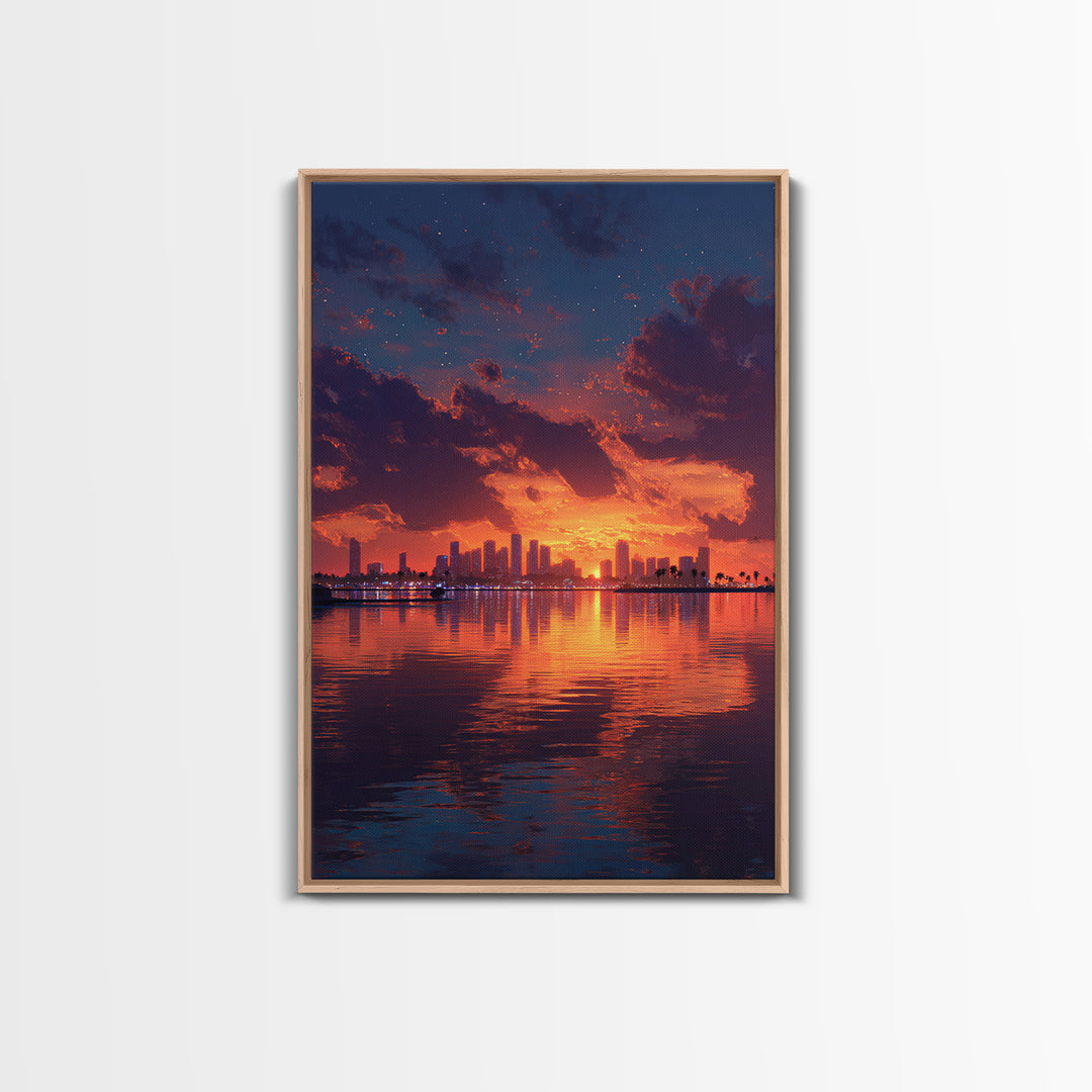 Stunning City Skyline Sunset Landscape Reflection Wall Art Canvas Print For Modern Home Decor