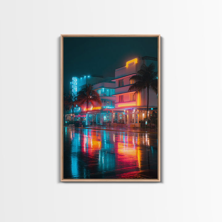 Neon City Night Scene With Palm Trees And Vibrant Lights Ultra Modern Wall Art Framed Canvas Print For Urban Home Decor