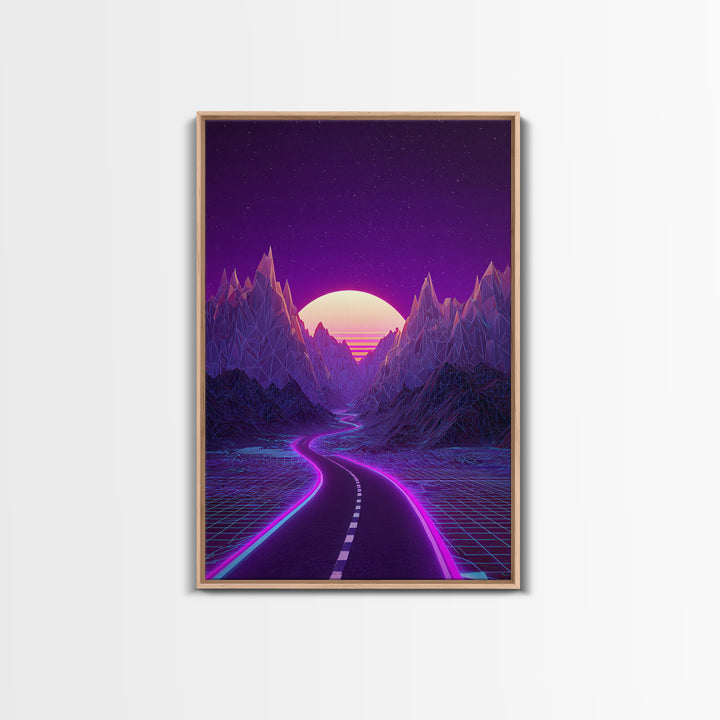 Cyberpunk Cityscape At Night With Purple Neon Lights Reflecting On Water Modern Wall Art Framed Canvas Print For Trendy Decor