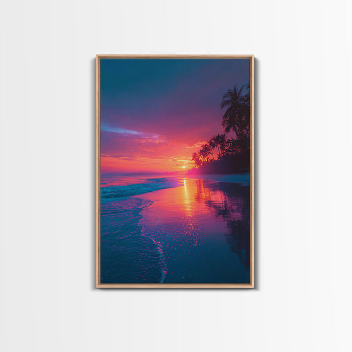 Colorful Tropical Beach Sunset With Palm Trees Vibrant Landscape Wall Art Modern Framed Canvas Print Coastal Home Decor