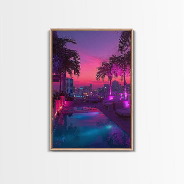 Modern Rooftop Pool Sunset Miami Cityscape Night View Wall Art Canvas Print For Office Living Room Decor