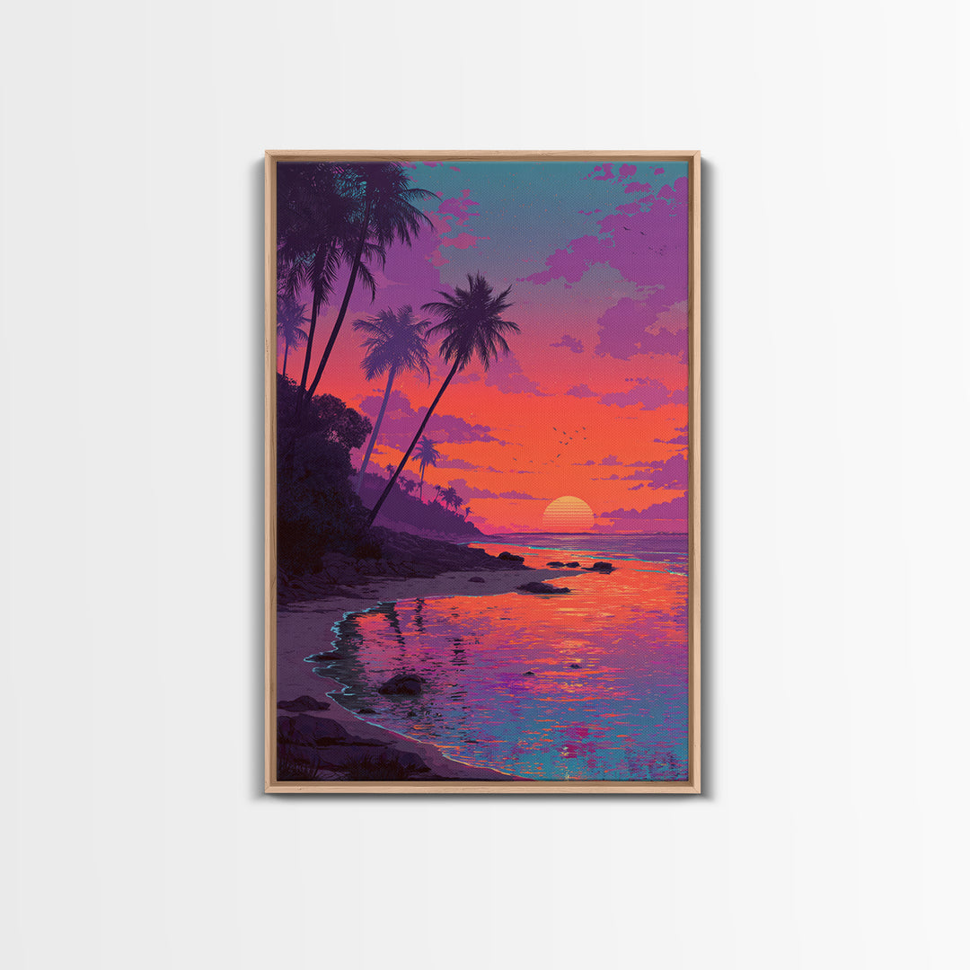 Colorful Tropical Sunset Beach With Palm Trees Reflecting In Water Vibrant Wall Art Canvas Print