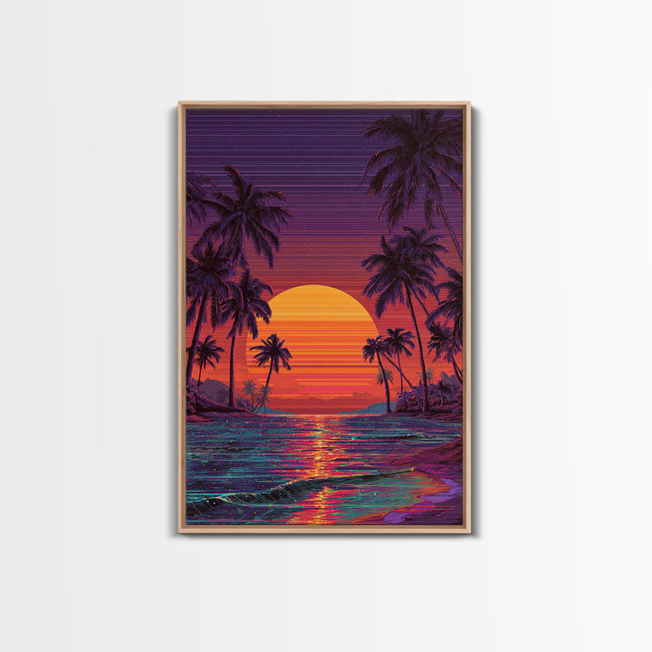 Vibrant Retro Sunset Beach Scene Canvas Print Featuring Palm Trees And Ocean Waves Colorful Coastal Wall Art Home Decor