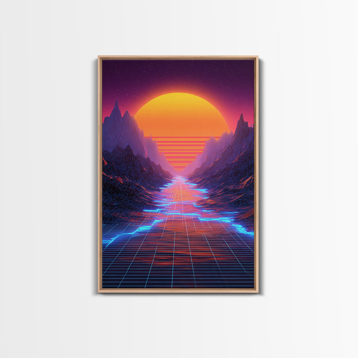 Retro Synthwave Landscape With Neon Grid Road And Large Sun Wall Art Canvas Print For Modern Living Room Decor