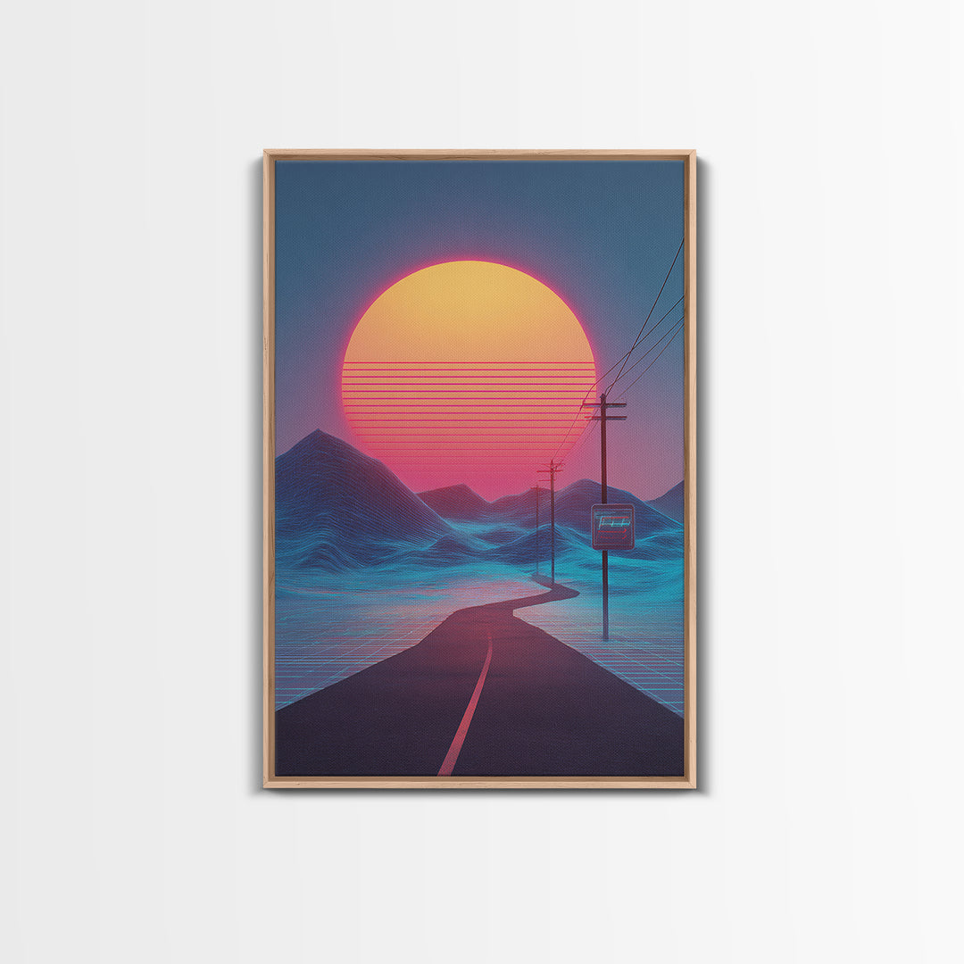 Synthwave Landscape With Electric Colors Neon Sun And Grid Mountains Digital Wall Art Canvas Print
