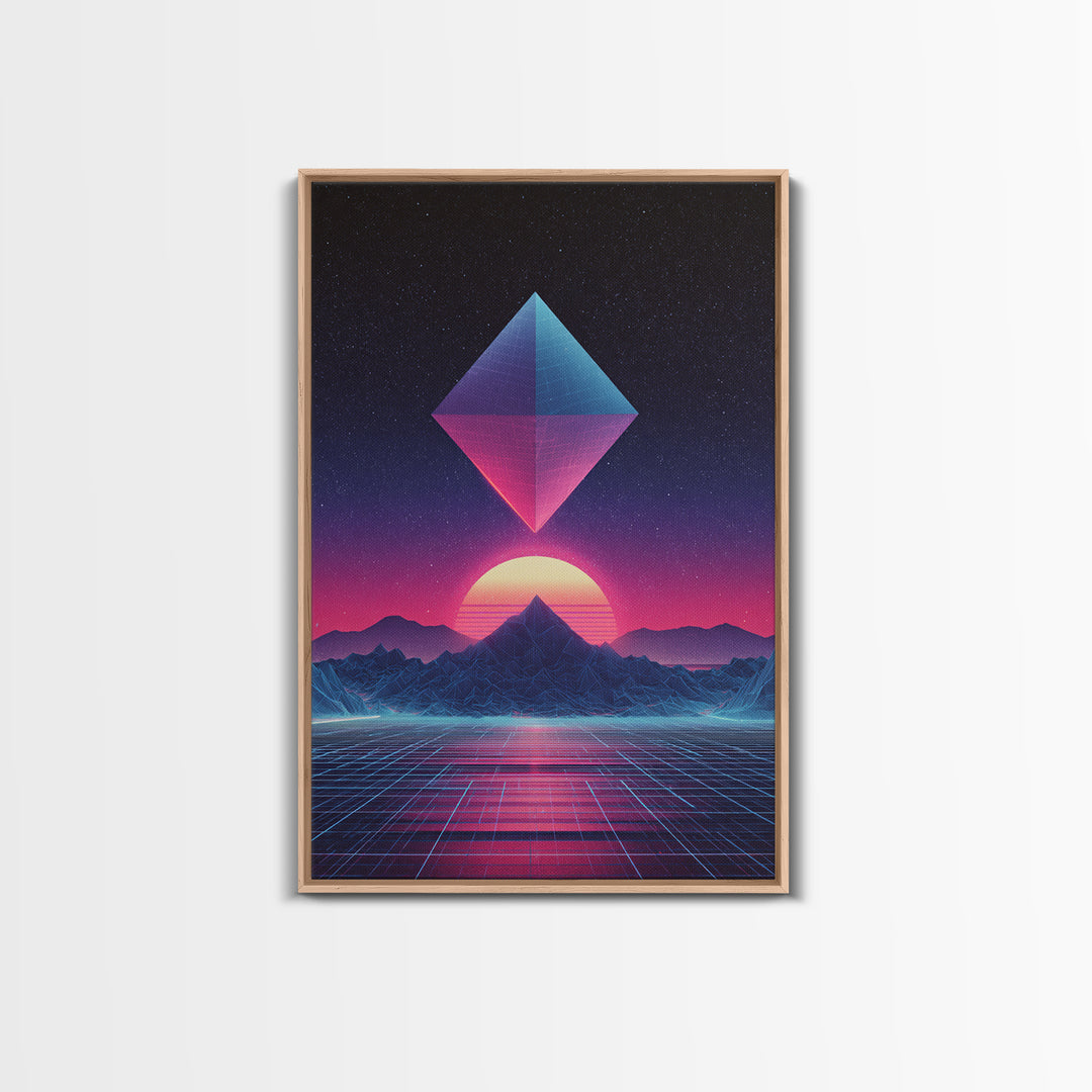 Futuristic Neon Pyramid Sunset Scene Wall Art Featuring Geometric Mountains With A Vibrant Canvas Print