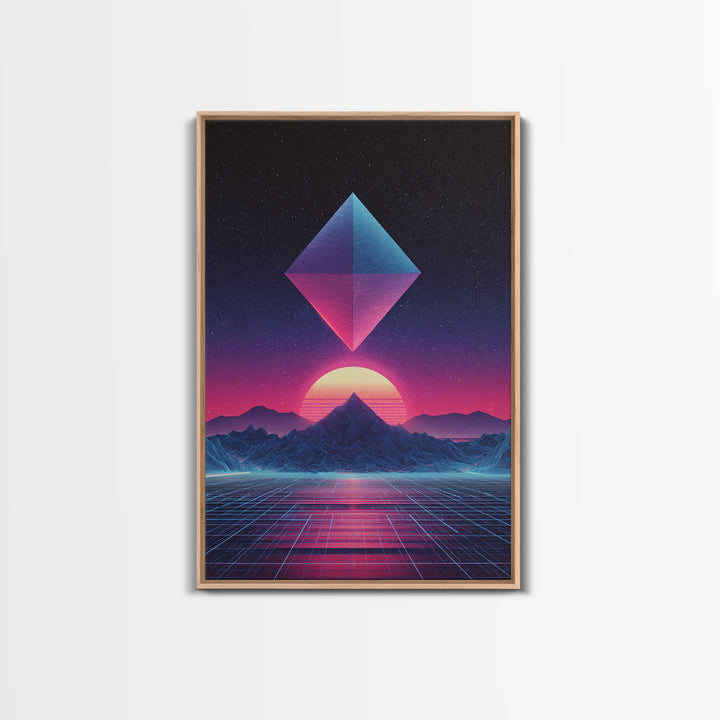Futuristic Neon Pyramid Sunset Scene Wall Art Featuring Geometric Mountains With A Vibrant Canvas Print