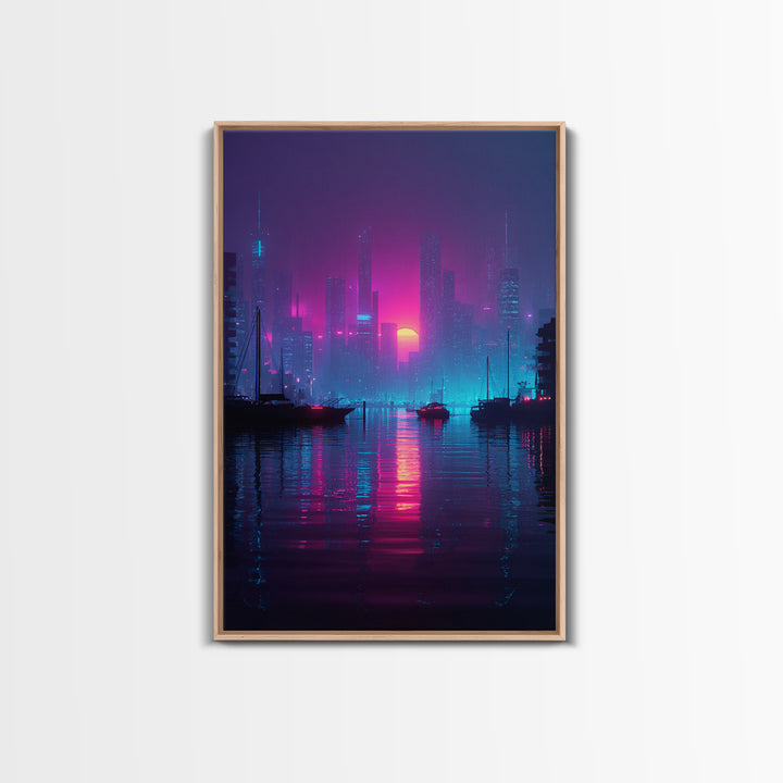 Futuristic Neon Cityscape With Sun Setting Over Harbor Framed Canvas Print For Cyberpunk Wall Art And Modern Home Decor