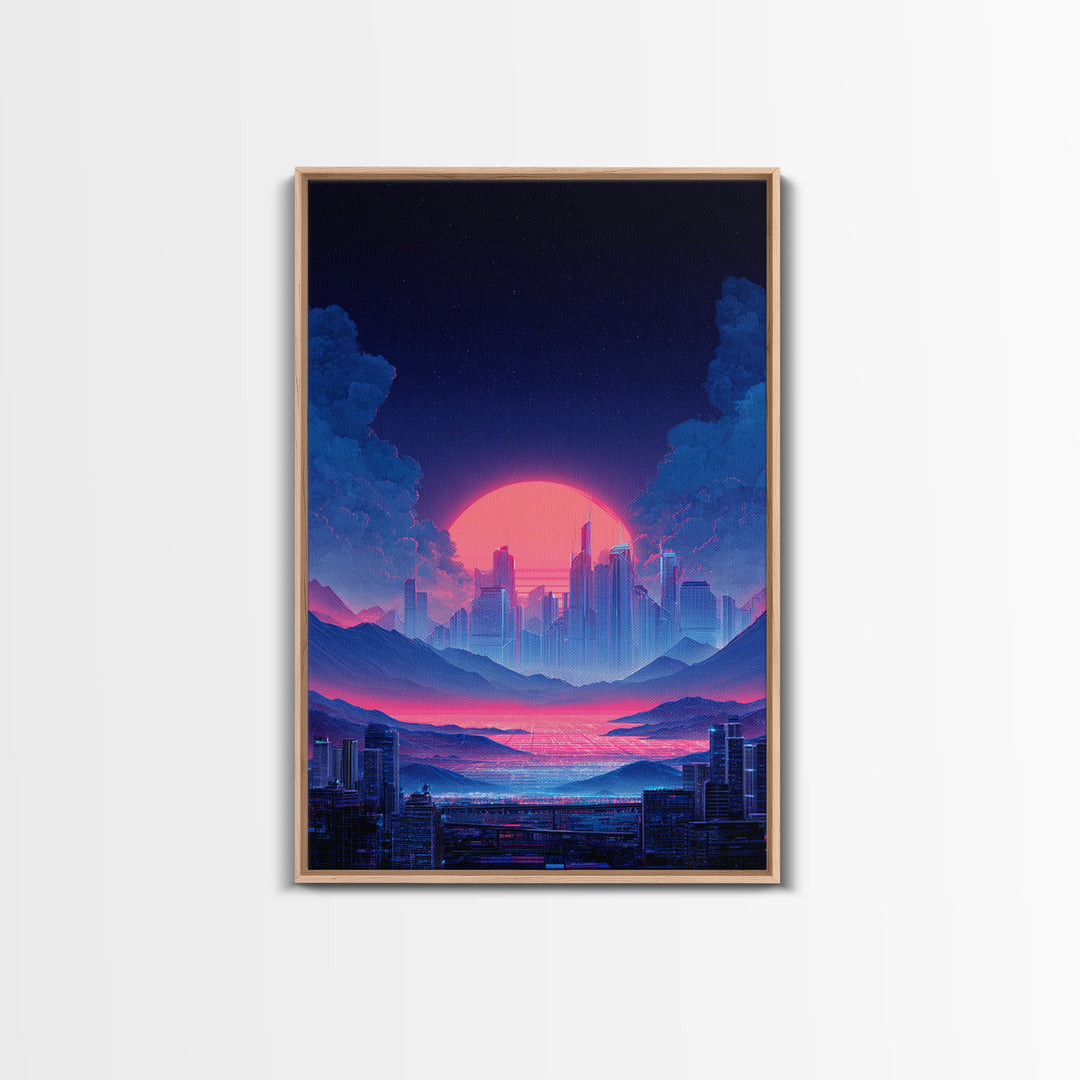 Futuristic Vibrant Neon Cityscape Digital Artwork Cyberpunk Sunset Modern Wall Art Large Framed Canvas Print