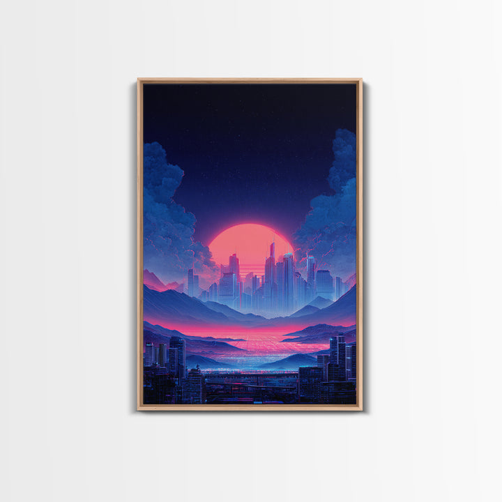 Futuristic Vibrant Neon Cityscape Digital Artwork Cyberpunk Sunset Modern Wall Art Large Framed Canvas Print