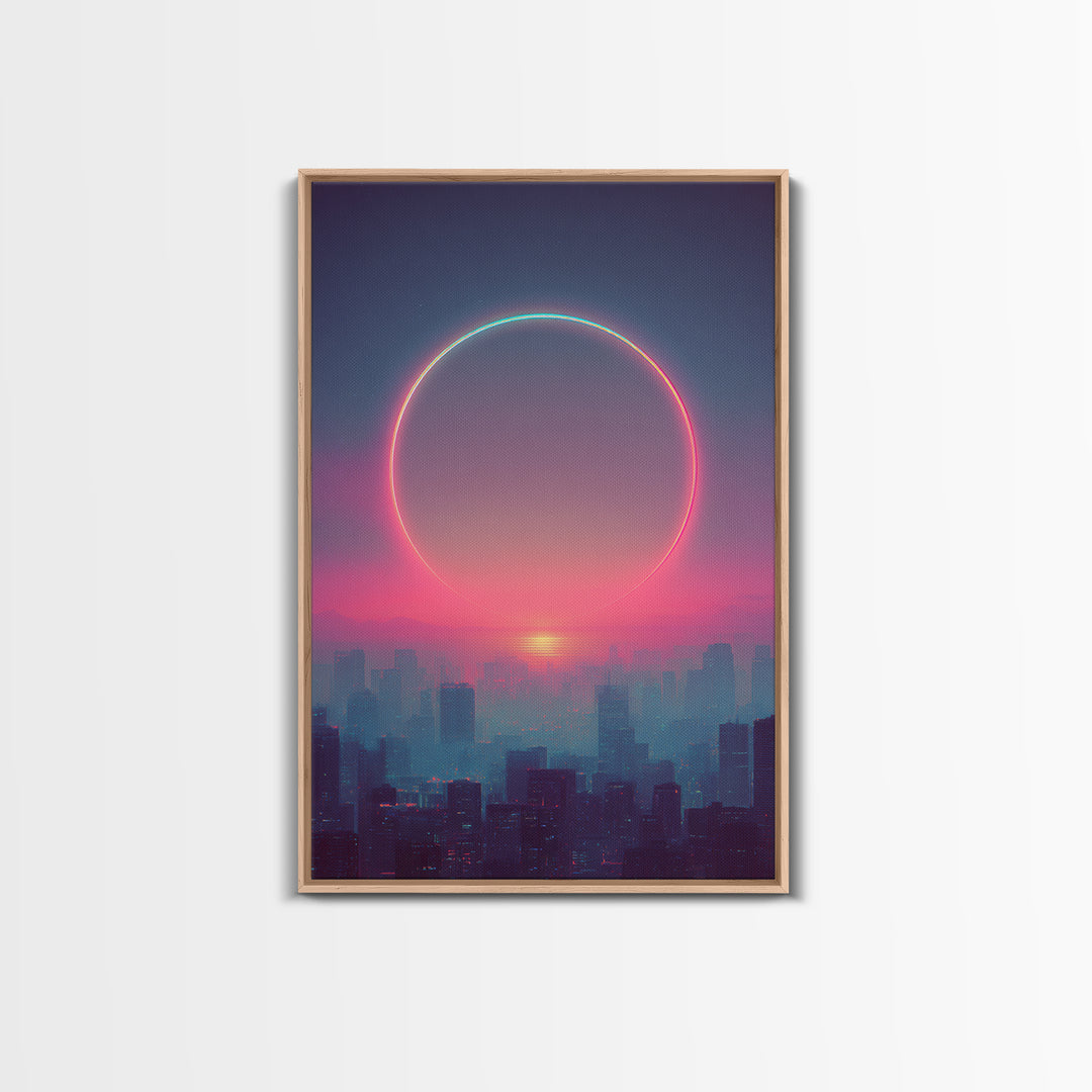 Mystical City Sunset With Crescent Neon Ring Over Buildings Framed Canvas Print For Futuristic Wall Art And Modern Decor