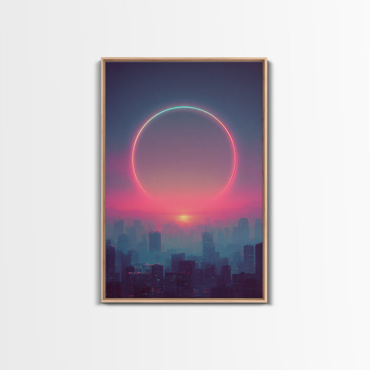 Mystical City Sunset With Crescent Neon Ring Over Buildings Framed Canvas Print For Futuristic Wall Art And Modern Decor