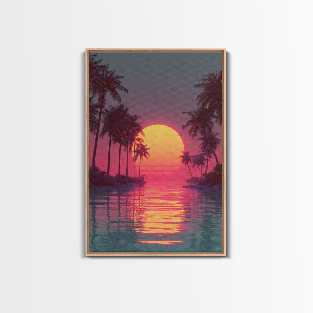 Retro Futuristic Vibrant Palm Trees Sunset With Neon Pink Sky Canvas Print Tropical Wall Art Coastal Decor Modern Wall Art