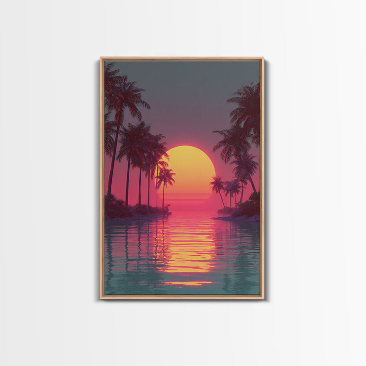 Retro Futuristic Vibrant Palm Trees Sunset With Neon Pink Sky Canvas Print Tropical Wall Art Coastal Decor Modern Wall Art