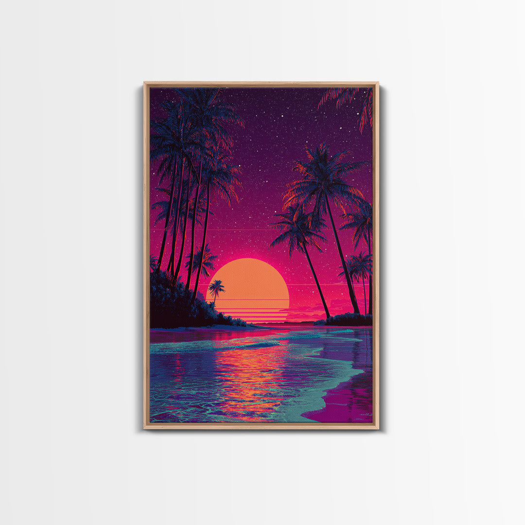 Retro Tropical Sunset With Palm Trees And Starry Sky Wall Art Canvas Print For Boho And Coastal Bedroom Decor