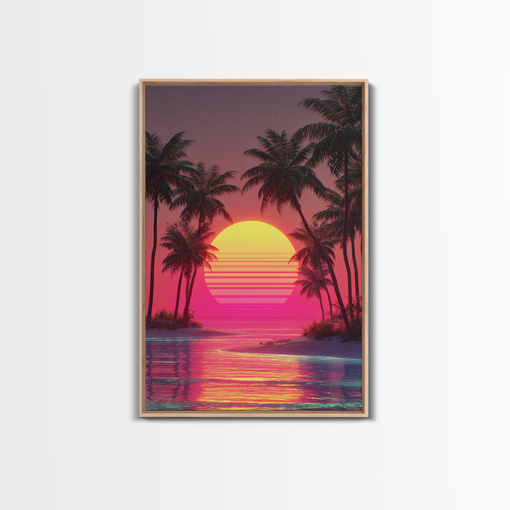 Dreamy Pink Sunset Tropical Island Palm Trees Calm Water Canvas Print Wall Art For Coastal Home Decor